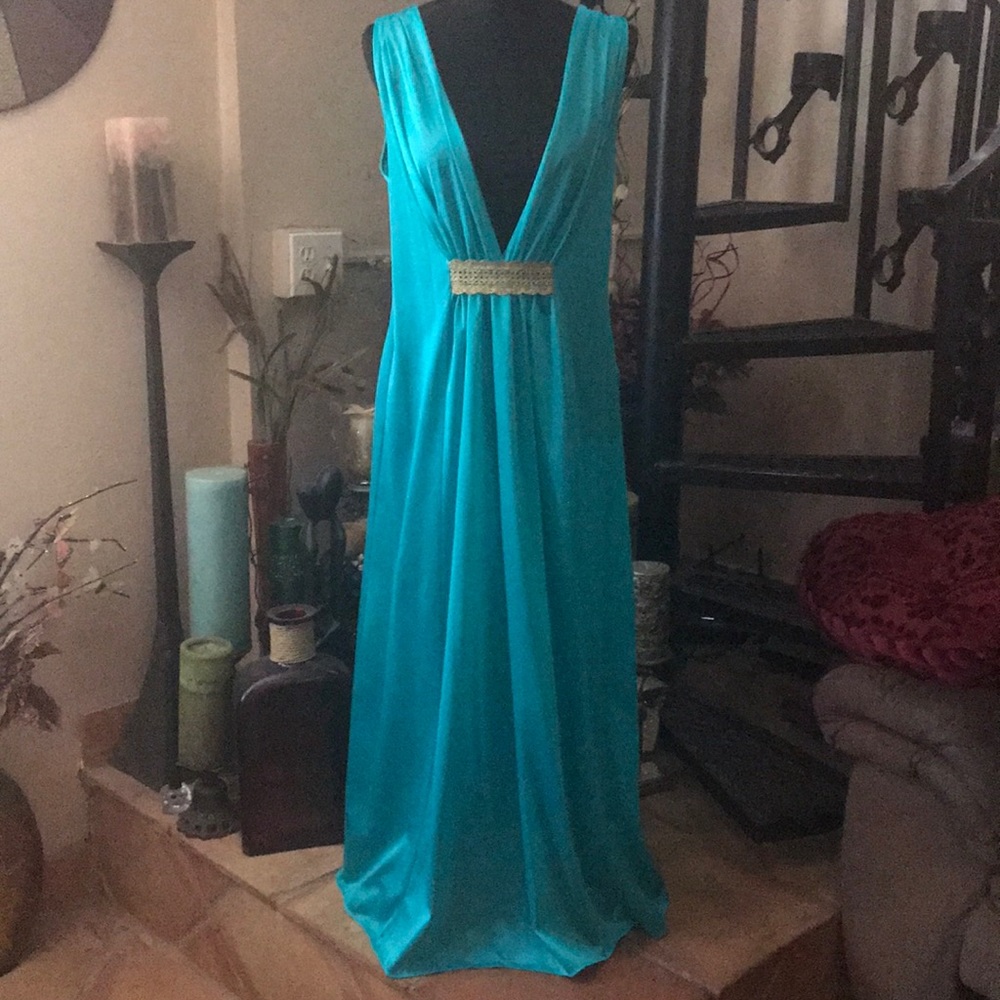 NWT Grecian Turquoise Silky Long Maxi Nightgown Chemise Slip Dress Lingerie Plus